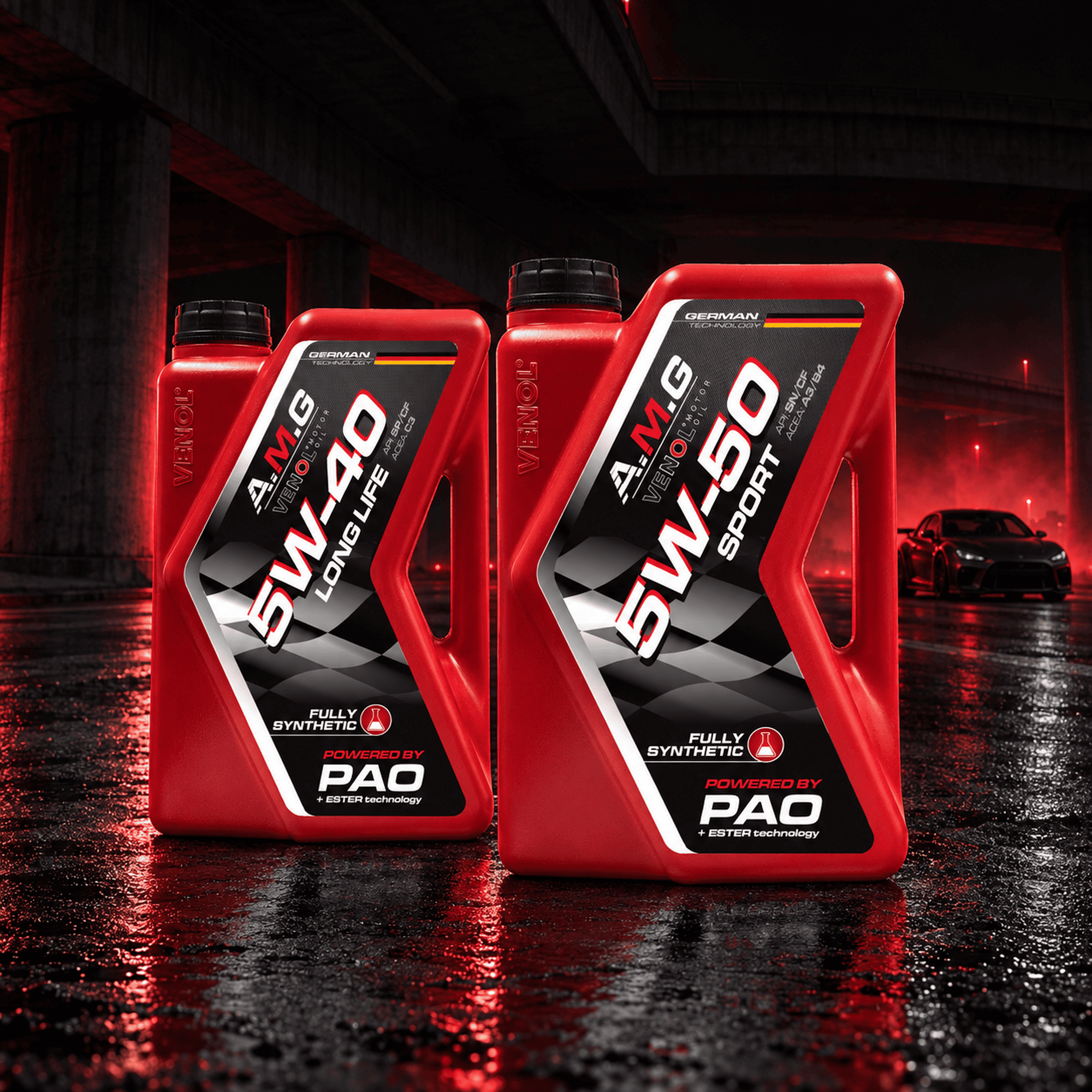 A.M.G. Venol engine oils on wet asphalt